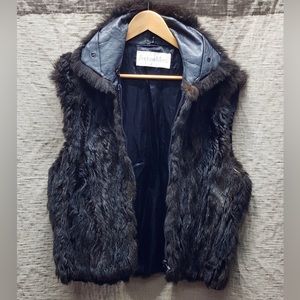 Andrew Marc Addition Womens Fur Vest Black Possum Leather Collar Full Zip